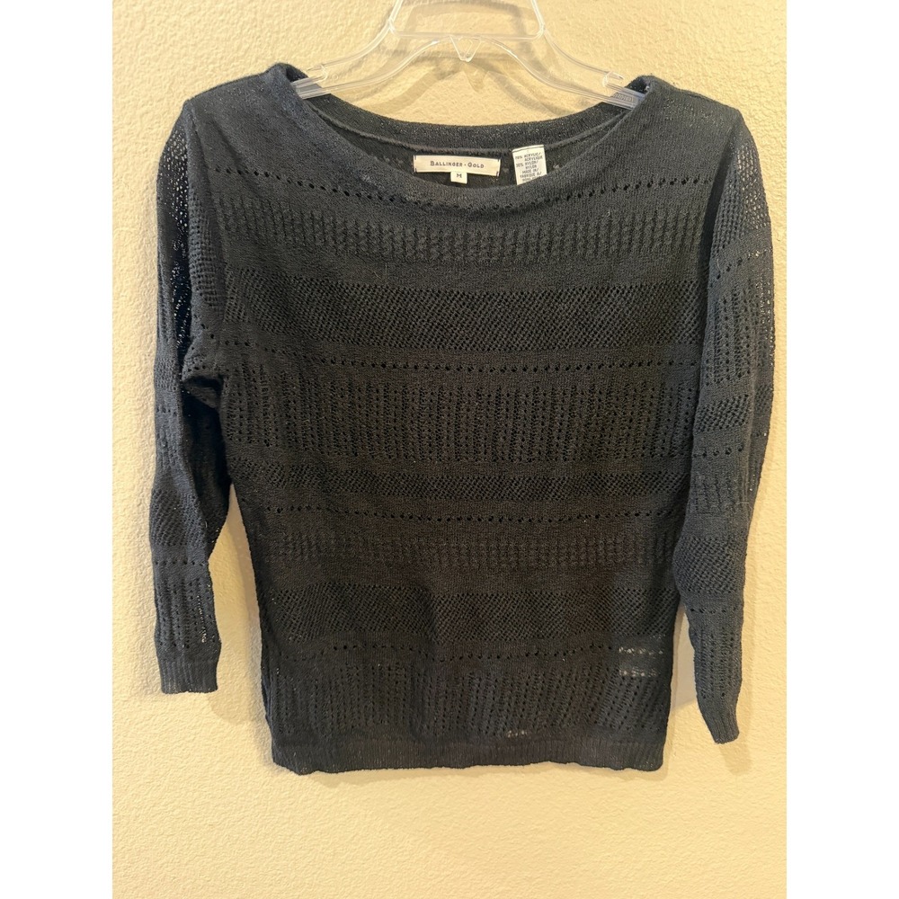 Ballinger Gold Womens Black Pointelle Open Knit Boat Neck 3/4 Sleeve Sweater M